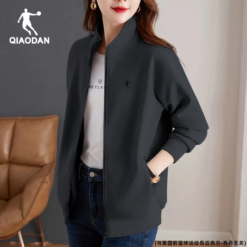 乔丹加绒外套女装2025冬季新款大码立领女士运动上衣休闲服灰色