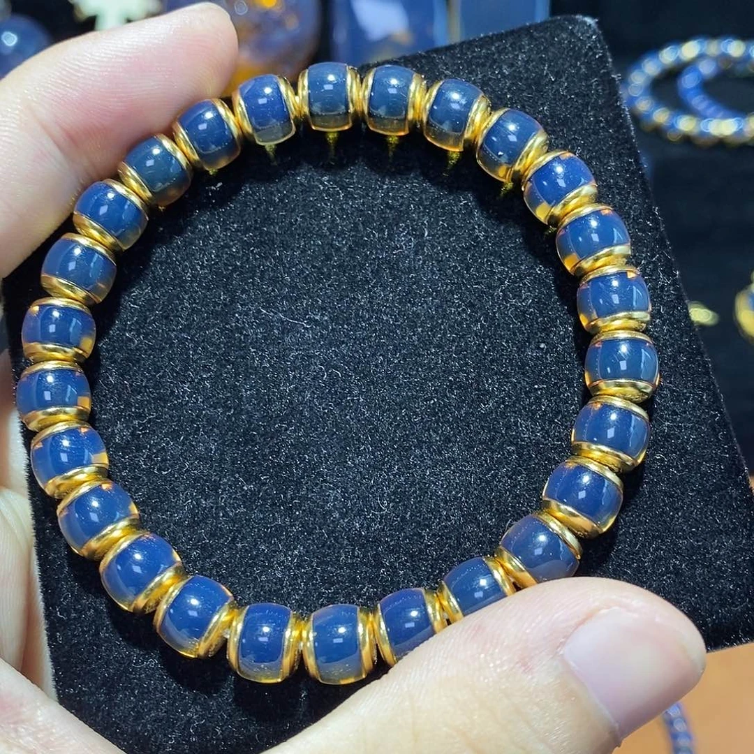 蓝珀银S925镀金镶嵌珠宝奇石8MM墨西哥灯笼手串