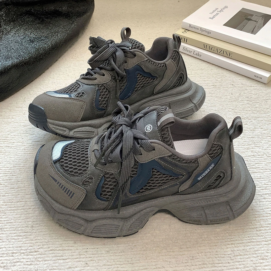 深灰低帮厚底青春潮流新款系带港风百搭学院休闲款增高时尚老爹鞋