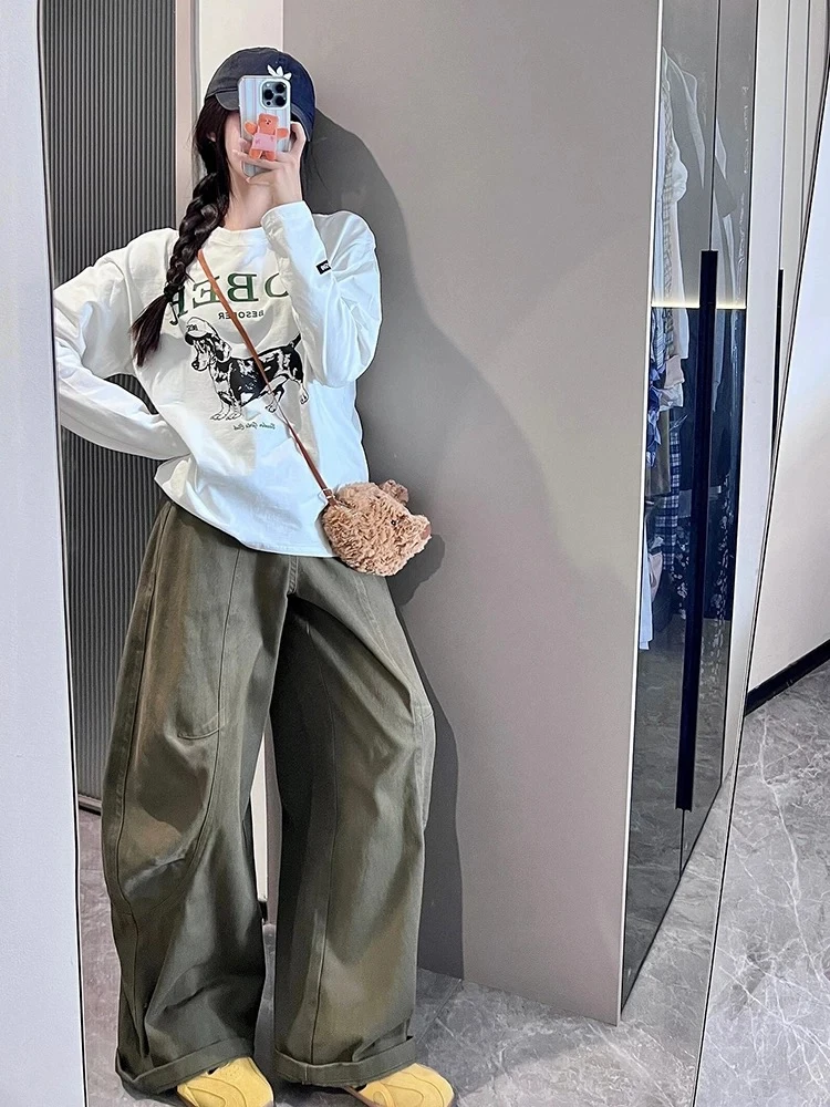 美式军绿色弯刀工装阔腿牛仔裤女夏季高腰设计感宽松镰刀梧桐裤子