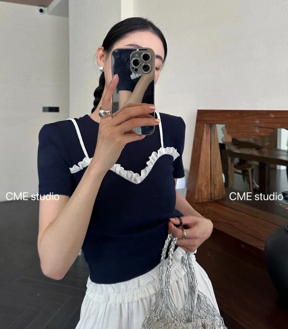 （恋爱小樱）韩国2025东大门春款拼接吊带假两件修身短袖T恤女C419