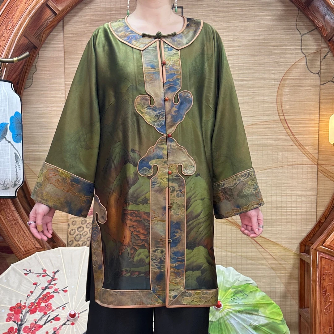 60姆米重缎贴边宋锦千里江山100桑蚕丝香云纱中长款风衣中国风