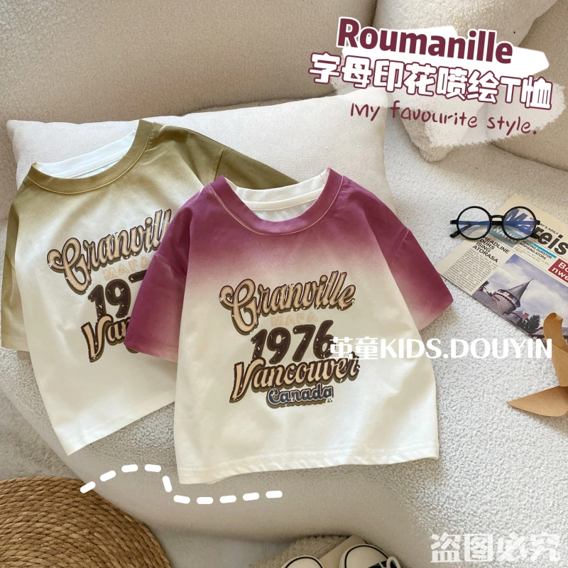 【麦麦妈】X043夏季小童字母印花喷绘短袖T恤新品男女宝宝上衣百搭