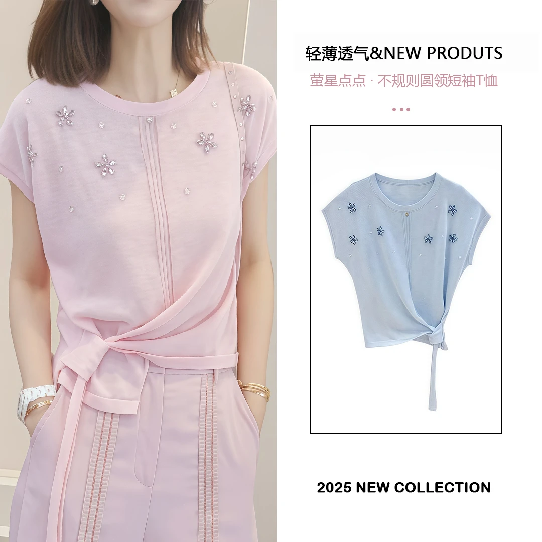 洋气短袖T恤女生2025夏季新款萤星点缀创意时尚宽松百搭大码女装
