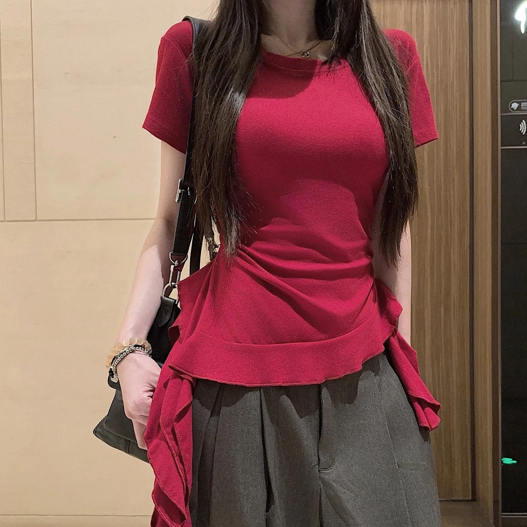 哥弟阿玛施正品荷叶边收腰正肩短袖t恤女夏大码胖mm显瘦遮肚不规