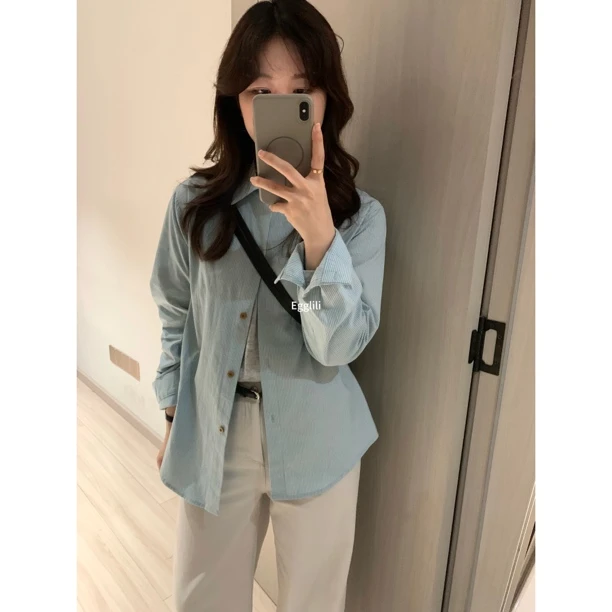 【条纹木扣衬衫】正肩衬衫外套