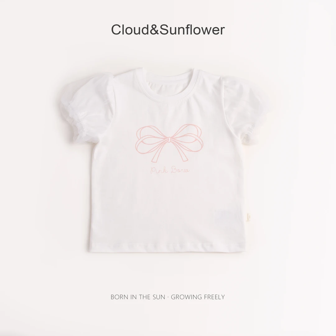 【云朵小葵】女童夏季蝴蝶结印花蕾丝泡泡袖休T恤1113974