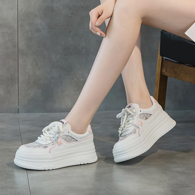 2025春夏季新款透气网面鞋厚底小白鞋女小个子内增高女鞋休闲板鞋
