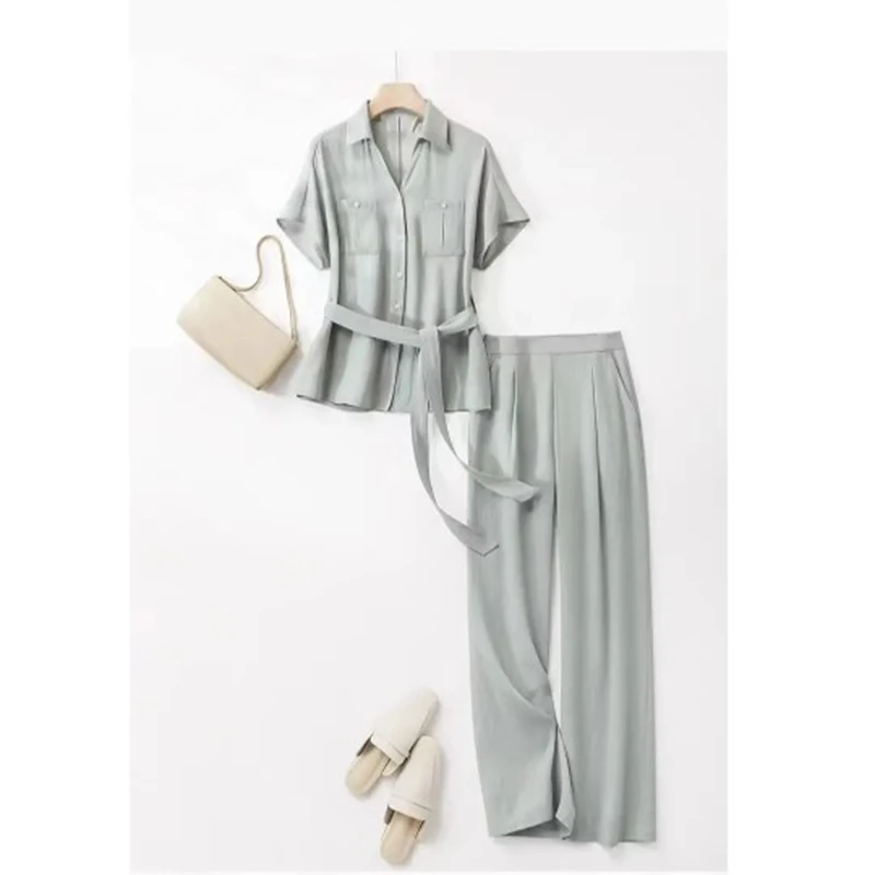 【两件套】【送腰带】直筒裤两件套女时尚百搭修身衬衫上衣D3233