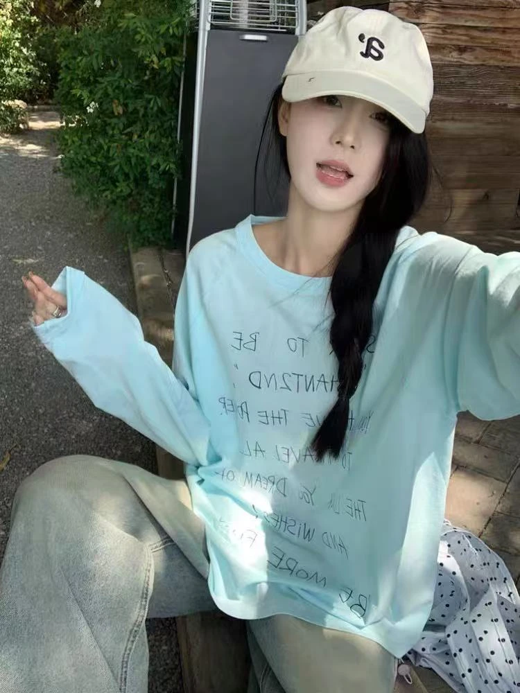 休闲慵懒长袖字母印花圆领T恤女夏季宽松显瘦白色上衣薄款防晒衫