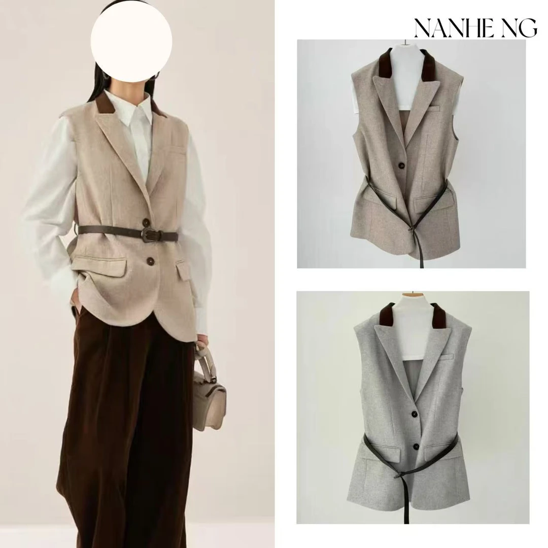 51221秋冬新款女士羊毛混纺马甲时尚收腰系领马夹背心外套