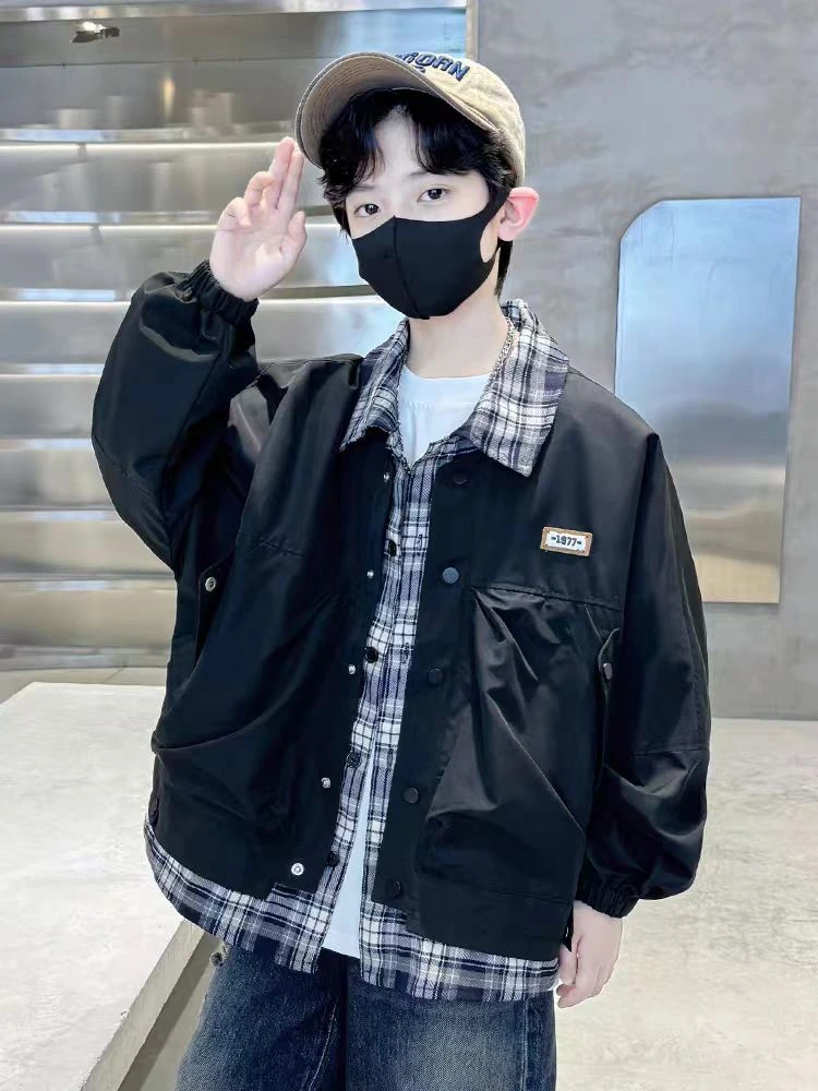 502127童装男童外套2025春儿童假两件休闲潮酷外搭男孩帅气上衣潮