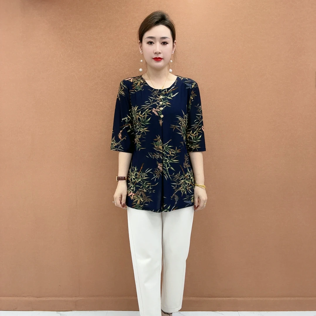 加肥加大码妈妈装夏季宽松百搭小衫显瘦遮肚中老年中袖中年