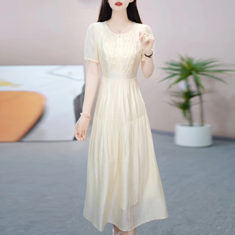 时尚气质天丝短袖连衣裙女2025夏季新款收腰显瘦减龄漂亮过膝裙子