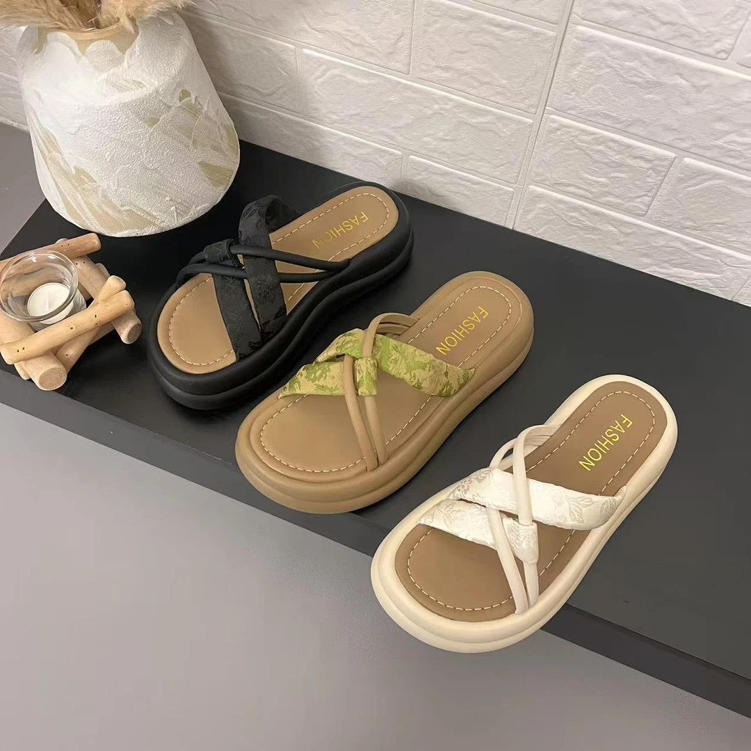 25年新款不规则交叉新中式印花一字拖夏季厚底外穿