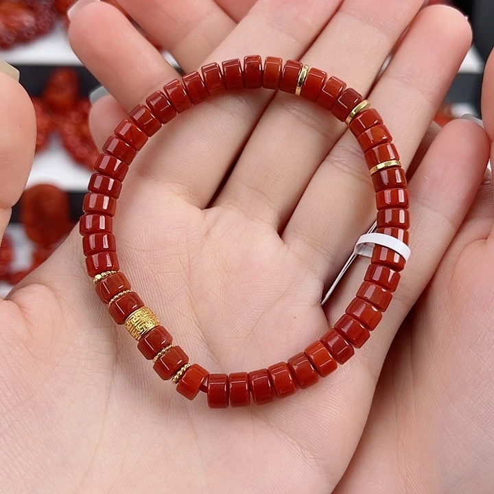 南红玛瑙银S925镶嵌瓦西锦红精工片片6mm手串