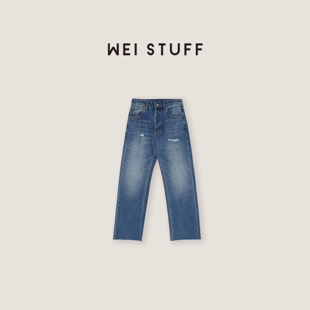 WEI STUFF “摩登回响” 时尚高腰复古直筒宽松牛仔裤 9187