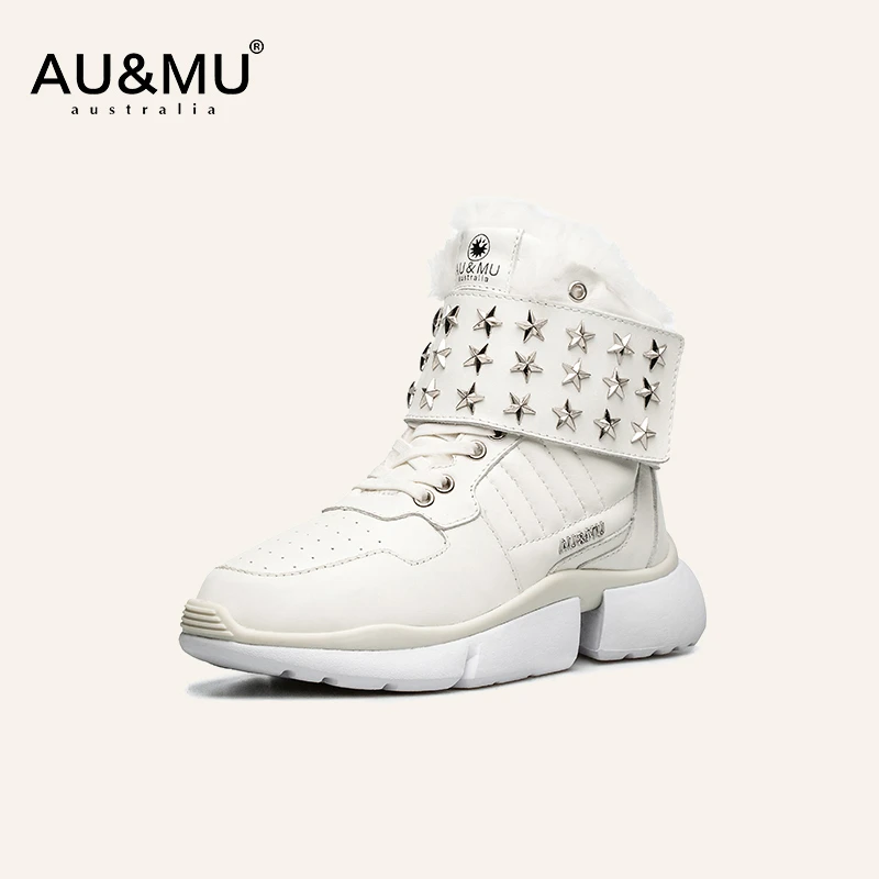 AU&MU2025新款冬季雪地靴女皮毛一体短靴铆钉加绒加厚棉鞋629