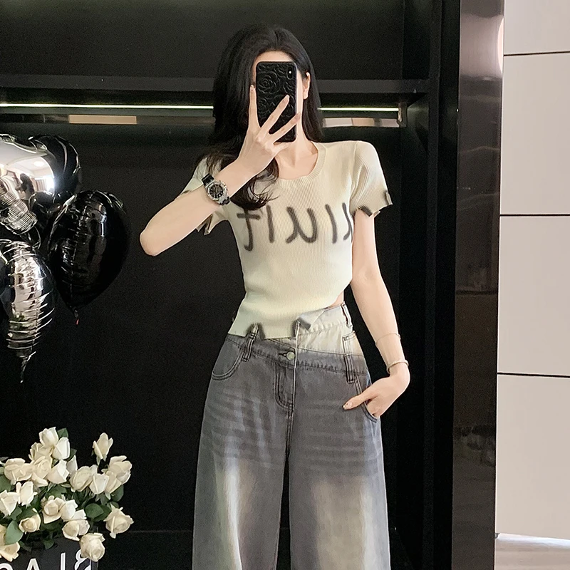 小众不撞款甜辣显瘦修身上衣小众撞色破洞短袖针织衫复古辣妹上衣