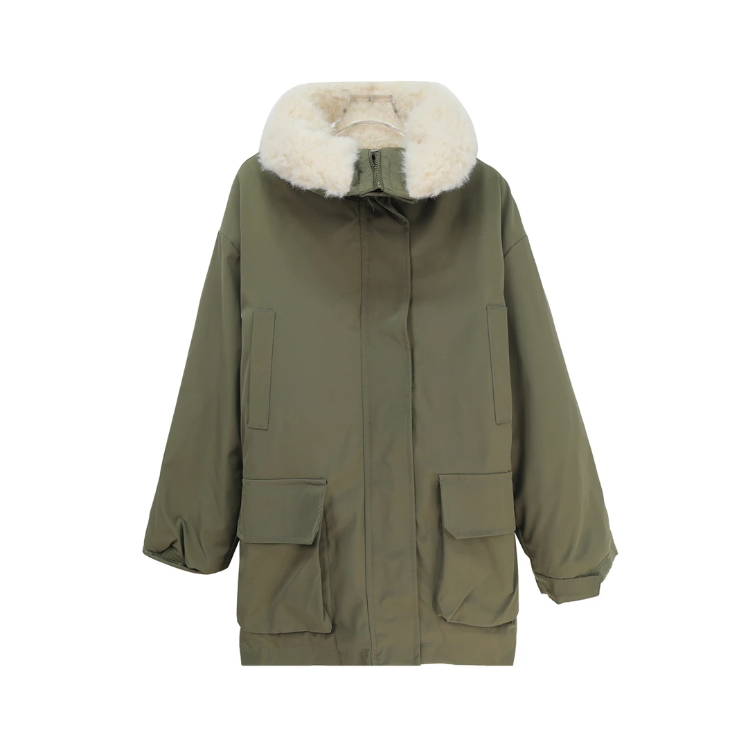 连帽纯色复古工装风加绒保暖外套K24282