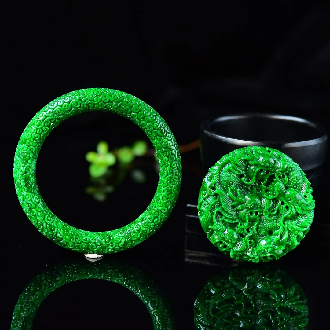 天然A货翡翠花青辣阳绿九龙护主牌子圆条版套装手镯57