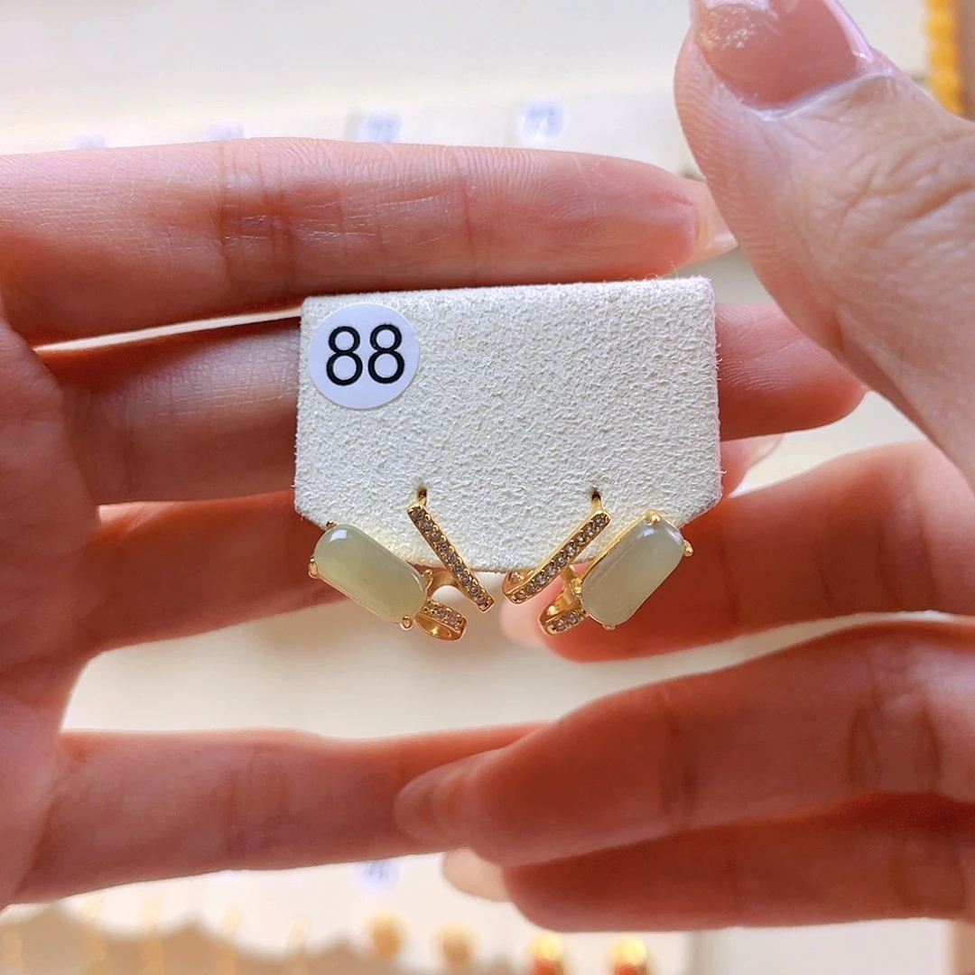 和田玉耳饰银S925镀金镶嵌惜*