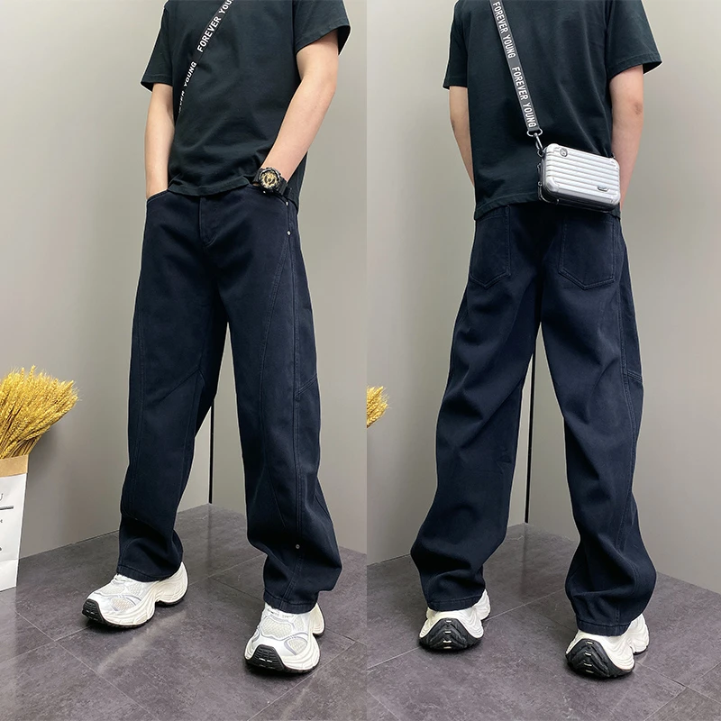 男士2025秋季新款宽松直筒阔腿弯刀裤美式潮流复古水洗做旧牛仔裤