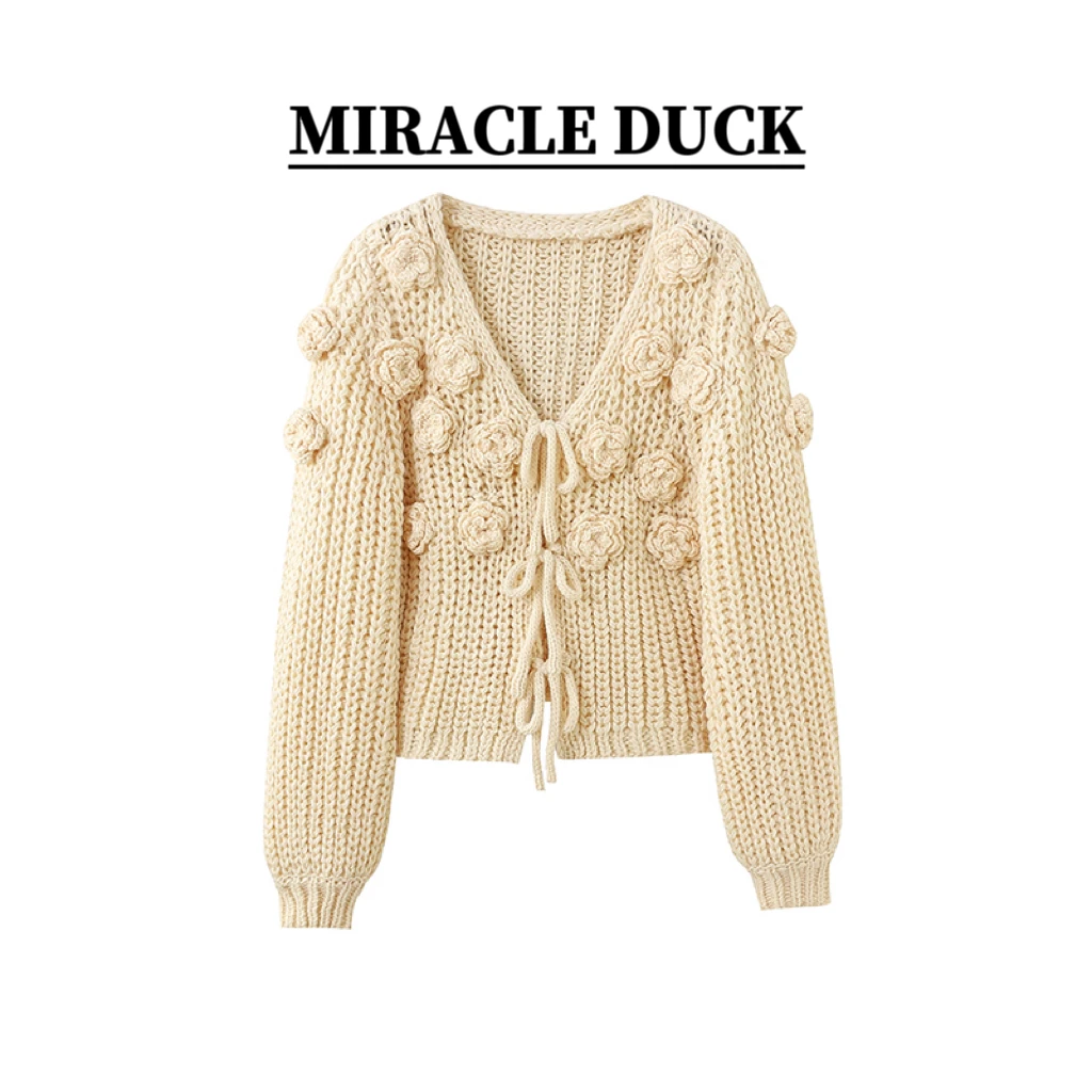 【花密花海】春秋冬厚款立体手工钩花朵绑带针织开衫C1772-1