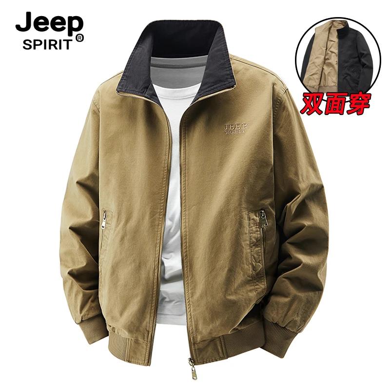 Jeepspirit吉普春秋款美式男士夹克立领工装纯棉薄款商务外套