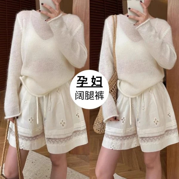 孕妇装2025春夏季新款高腰拼接显瘦休闲百搭镂空蕾丝孕妇阔腿短裤