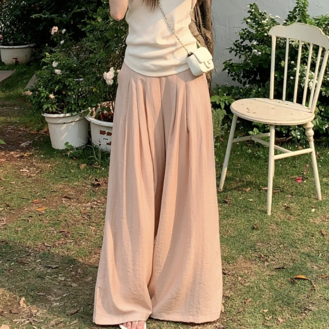 欧阳喜【清清】 粉雾清晨春夏松紧腰压褶皱感汤汤裤甩甩裤