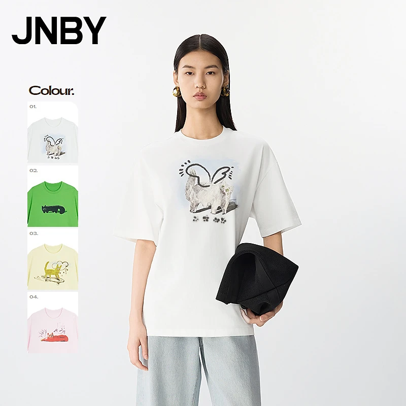 JNBY/江南布衣春夏T恤猫咪图案短袖女宽松休闲通勤5P4112720