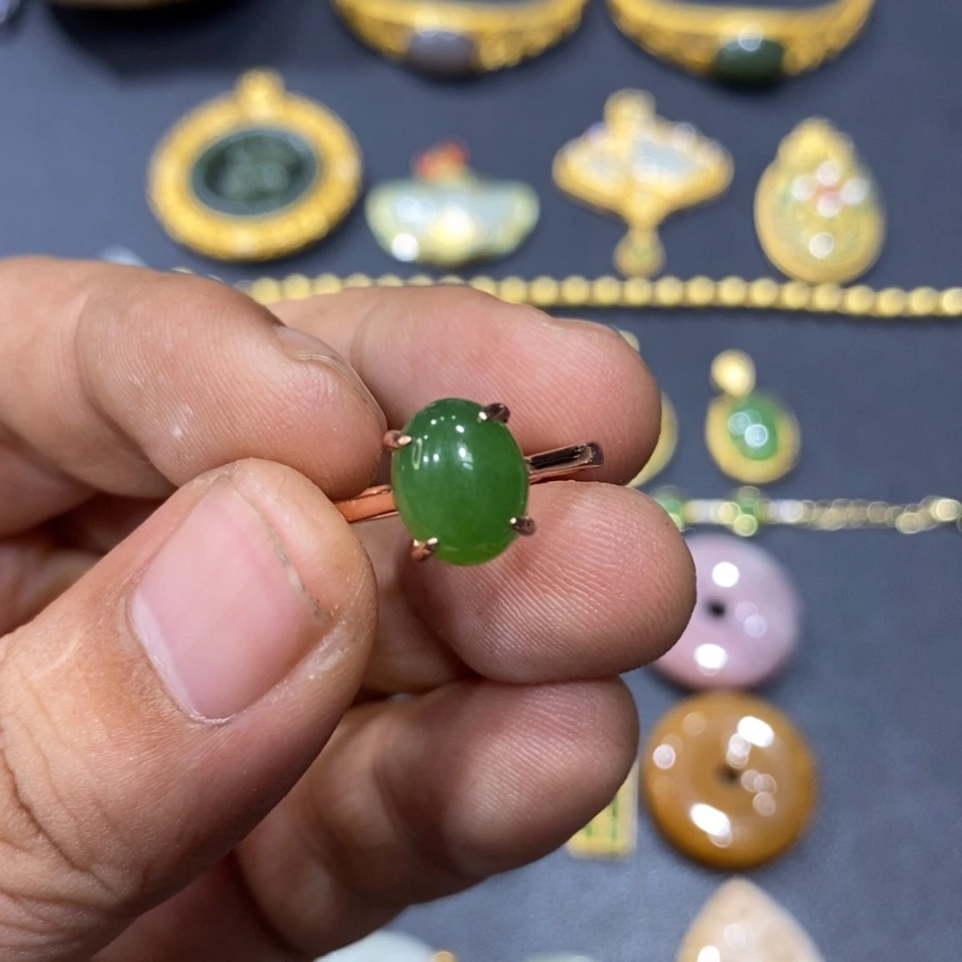 和田玉戒指银S925镀金镶嵌