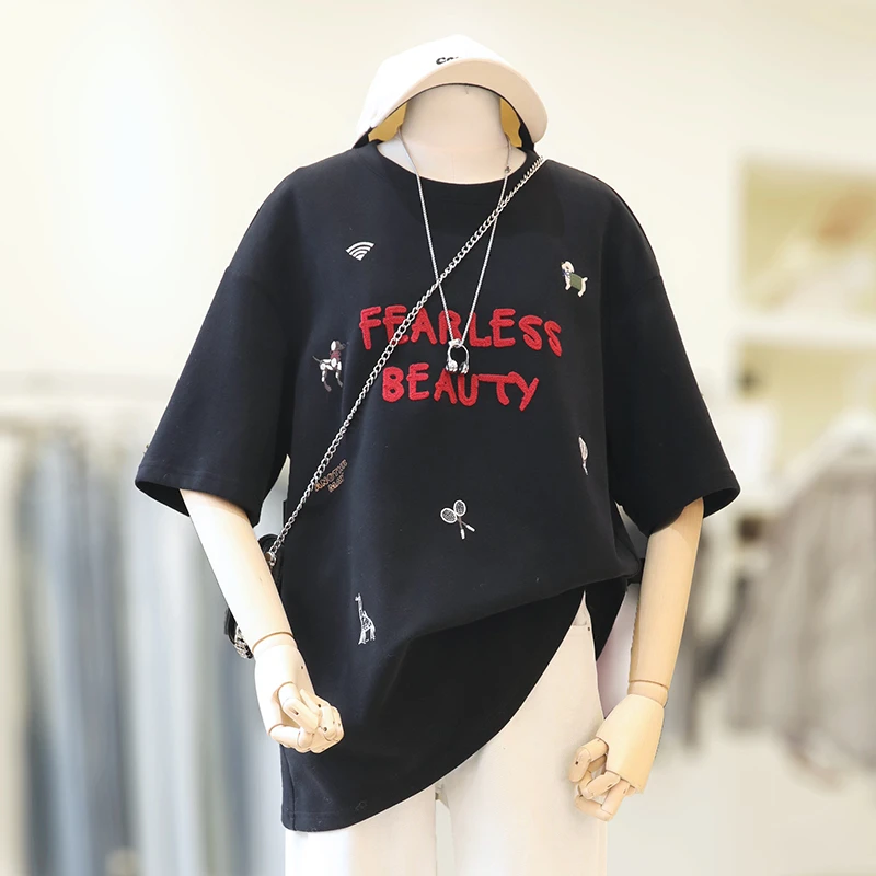 zaw大码女装刺绣短袖t恤宽松休闲百搭显瘦胖mm炸街遮肚上衣/25021