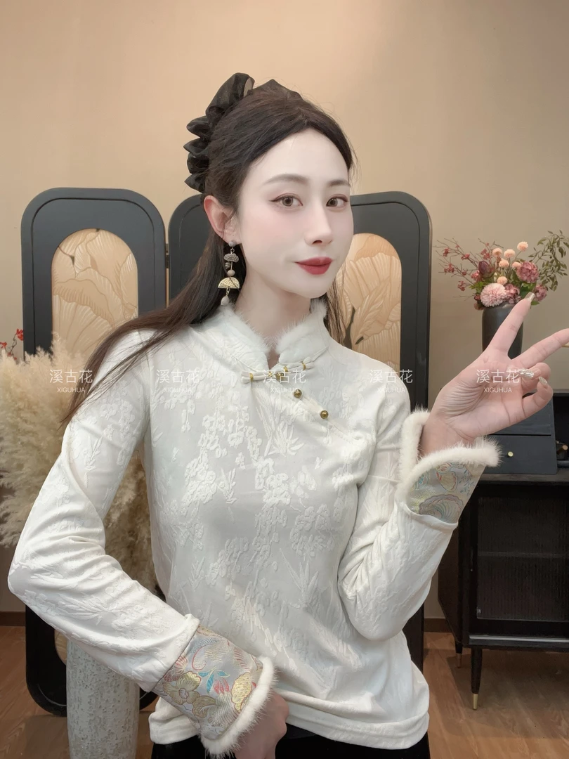 【霜月吟】早春薄绒新中式水貂毛长袖女时尚重工盘扣上衣