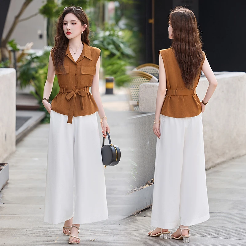 法式翻领无袖衬衫女2025夏季新款设计感显瘦上衣小衫阔腿裤两件套