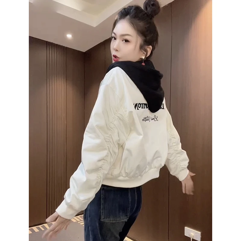 2025秋冬夹棉衣外套女休闲宽松连帽棒球服夹克短款刺绣小个子上衣