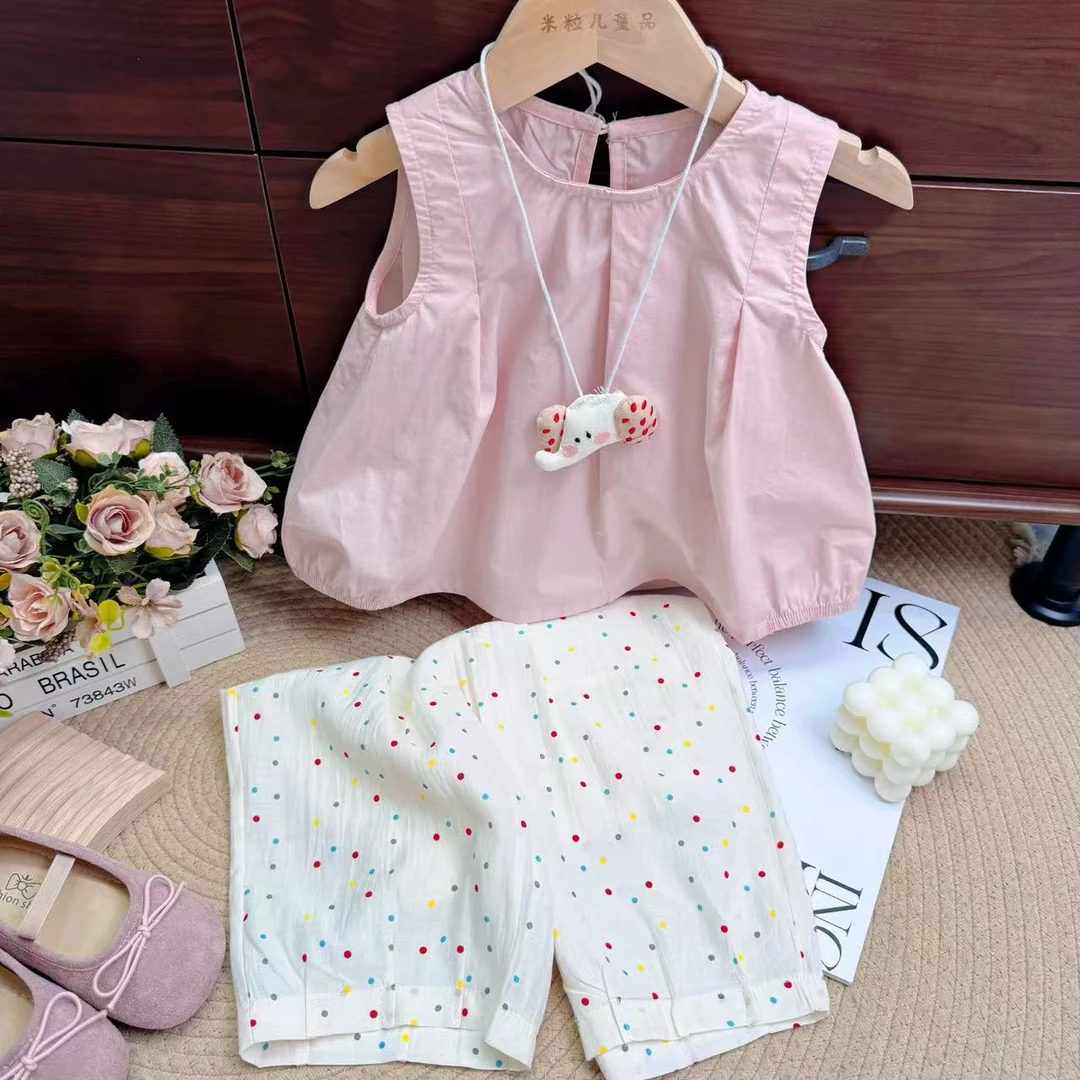 女童套装夏季新款2025韩版宝宝棉布背心彩色圆点休闲宽松薄款裤子