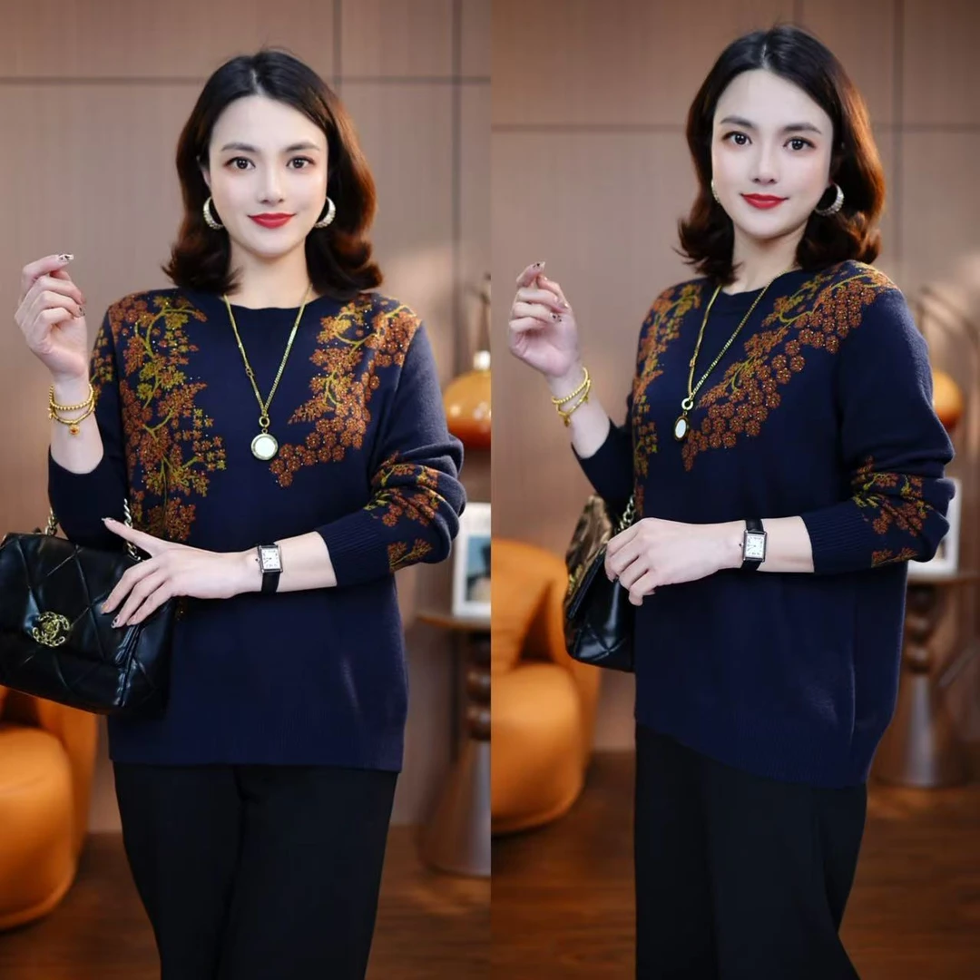 藏蓝凝香-妈妈装毛衣洋气百搭羊毛衫冬季显瘦女保暖宽松中老年