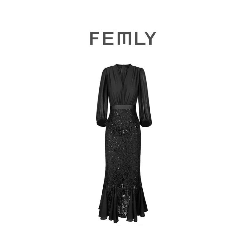 FEMLY/法曼丽 轻奢气质优雅性感蕾丝亮片拼接鱼尾裙3168