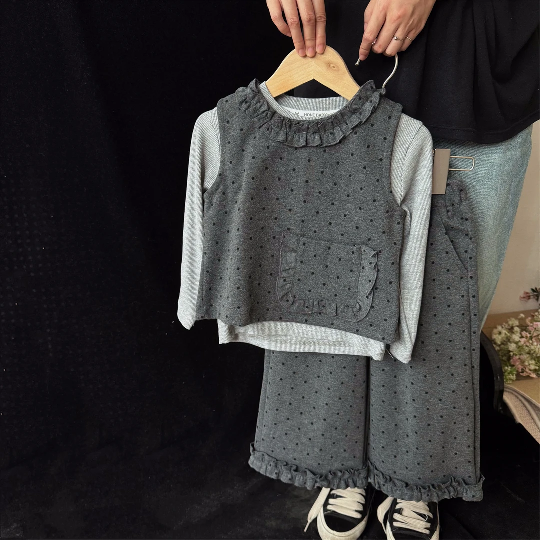 【2025秋款上新】韩版儿童波点马甲三件套儿童秋季洋气休闲裤子套装