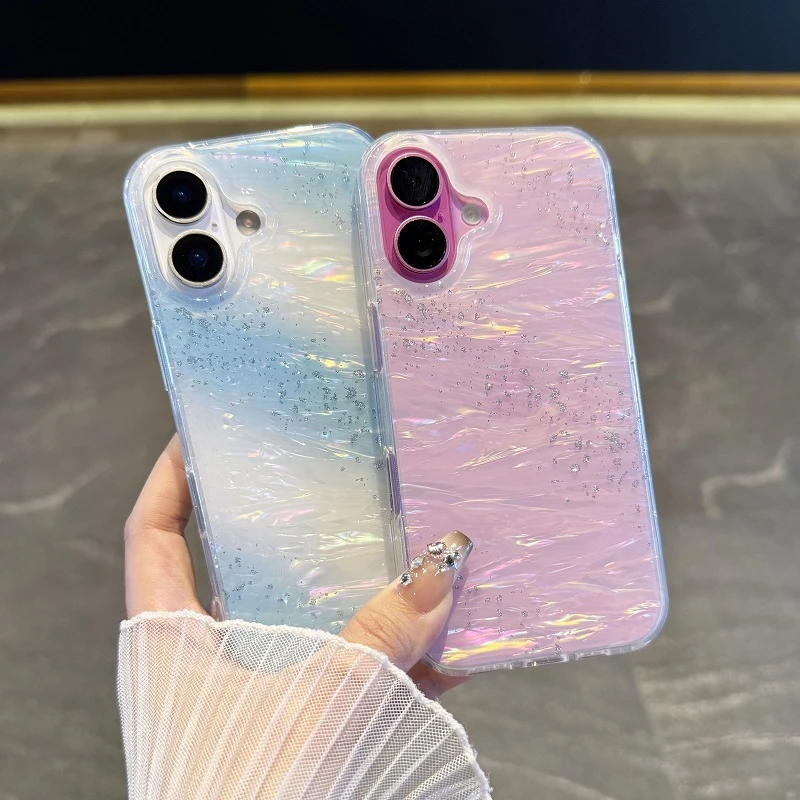 适用于苹果16手机壳晕染贝壳纹iPhone16plus透明高级15promax硬17