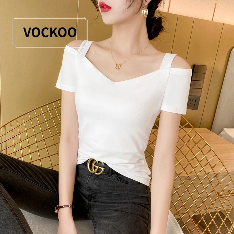 VOCKOO白色一字领短袖t恤女性感露肩设计感小众棉质修身半袖打底