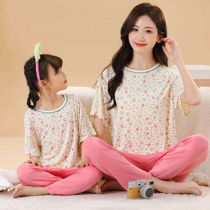 儿童睡衣莫代尔夏季青少年男童女童亲子装家居服初中学生短袖套装