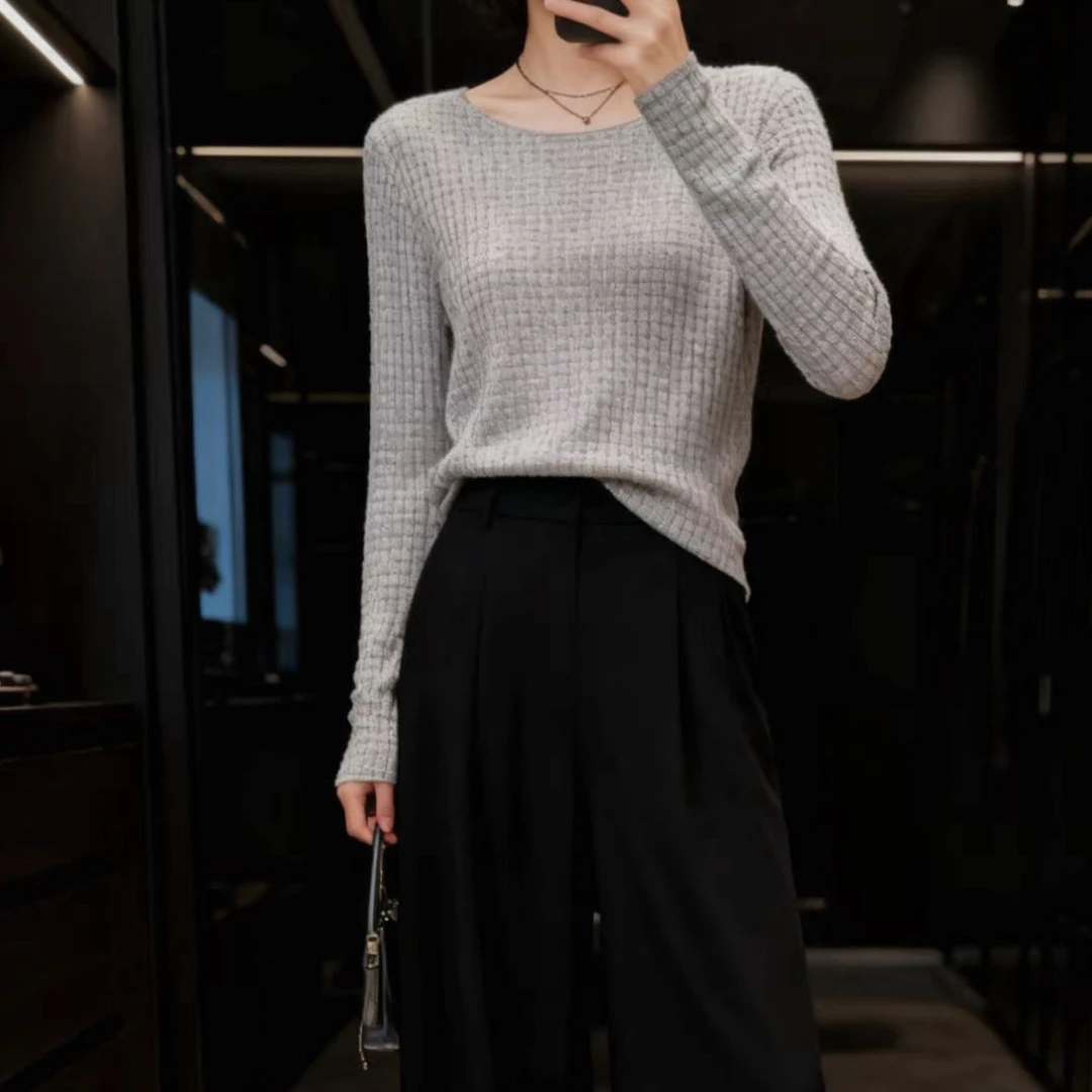 高货~胸80-140长50弹力烫钻碎闪套头修身内搭长袖针织上衣 3349