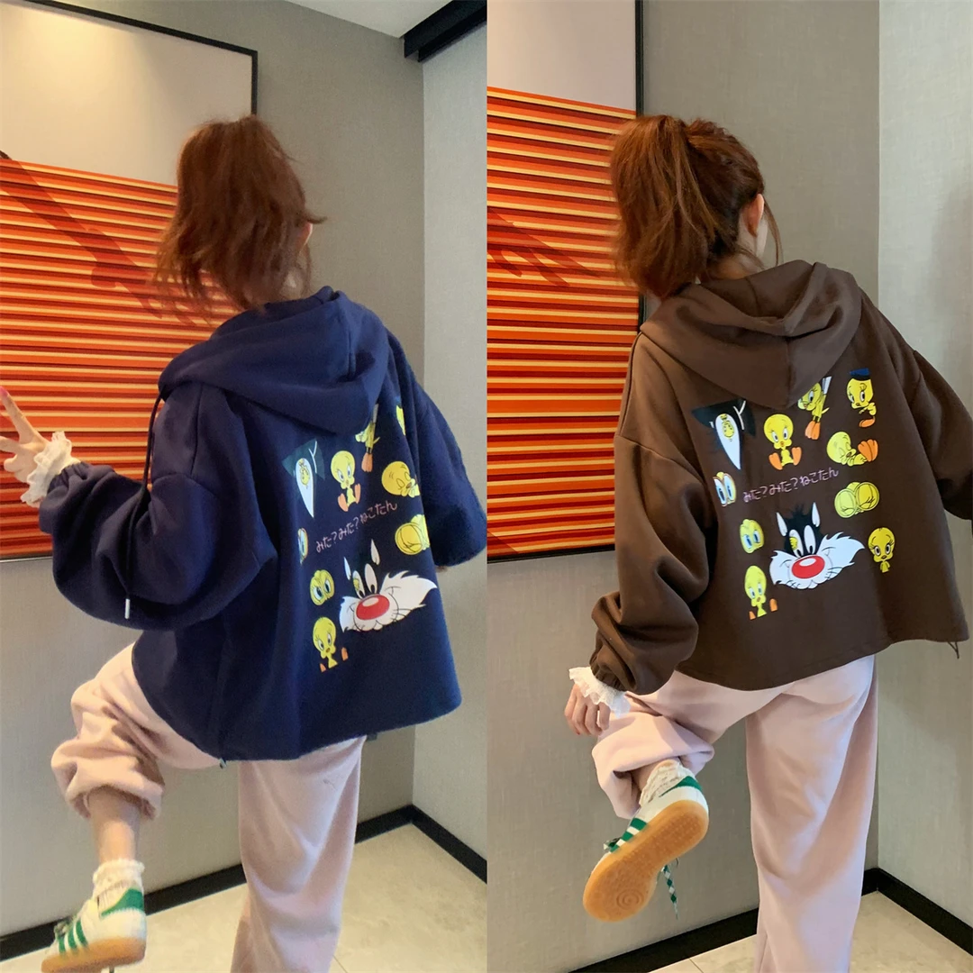 JENNIFER JXLIU秋冬很韩后背小黄鸭卡通印花图案宽松连帽卫衣外套