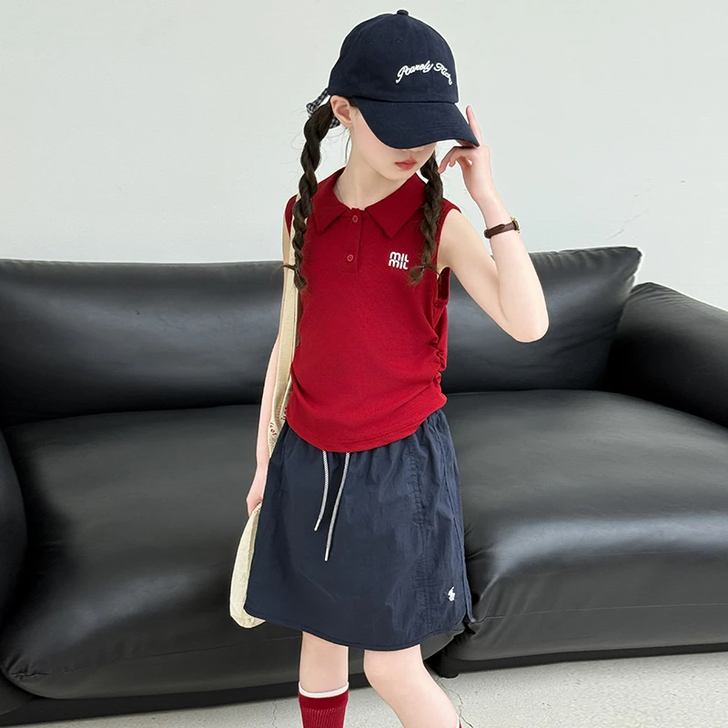 女童夏季套装2025新款6-12岁15中大童休闲无袖polo衫半身裙两件套