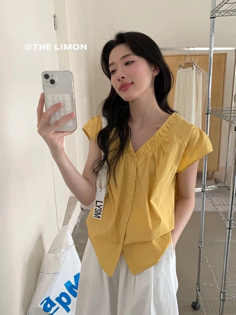 设计感V领飞飞袖舒适宽松衬衫776