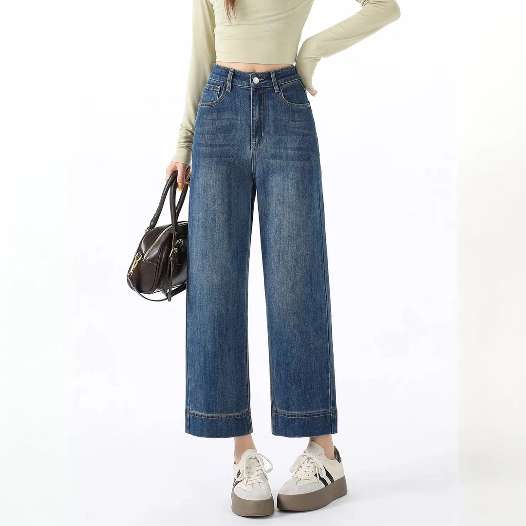 复古蓝色爆款直筒牛仔裤女2025新款高腰宽松显瘦窄版阔腿九分裤子