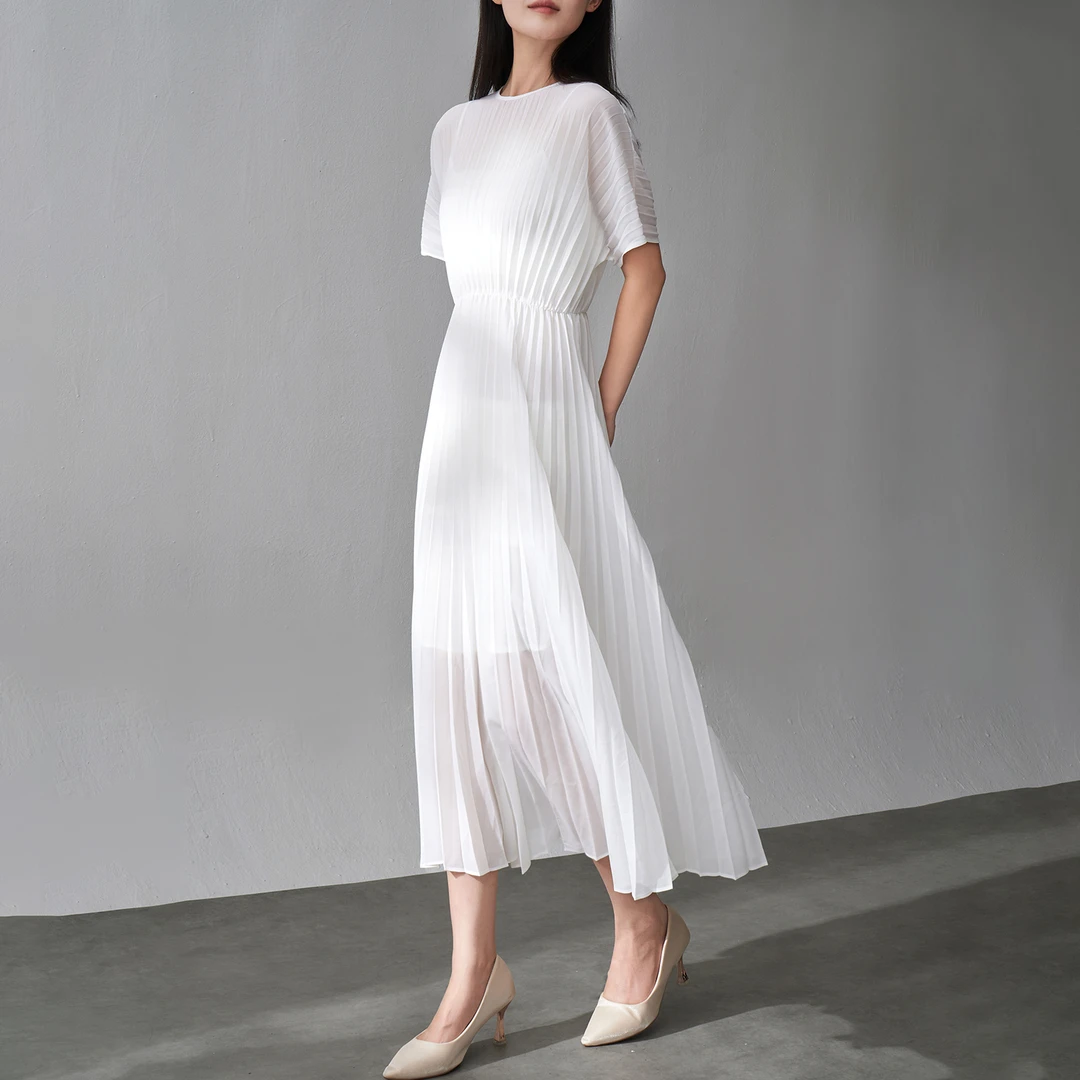 法式压褶双绉雪纺连衣裙女夏季新款高级感收腰纯色气质短袖百褶裙